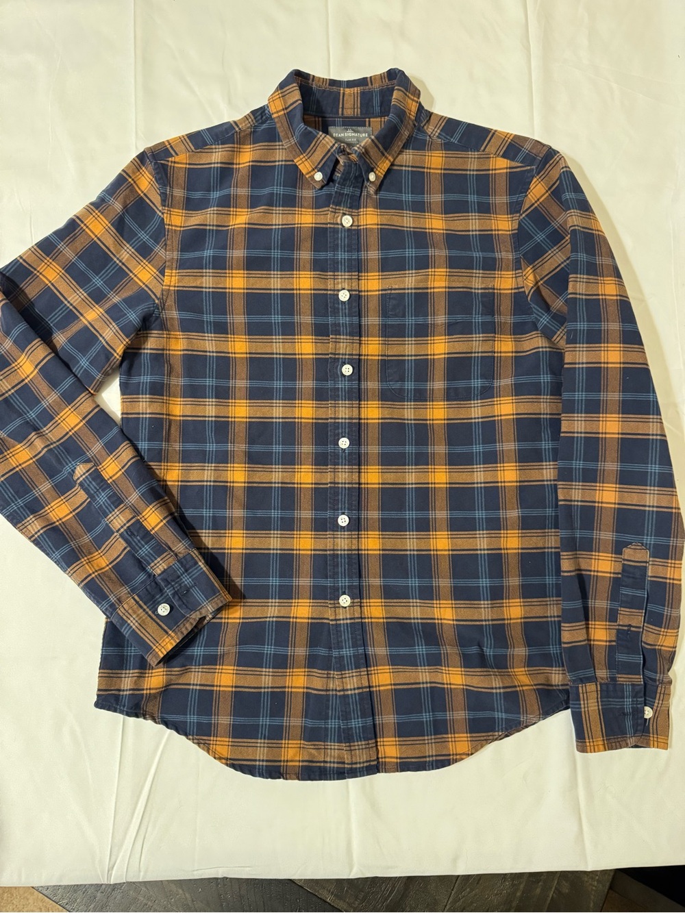 LL Bean Signature Men’s Navy & Mustard Plaid Long-Sleeve Button-Down Shirt
